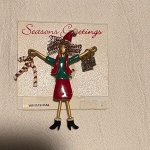 Whimsical Holiday Brooch with Red and Green Accents